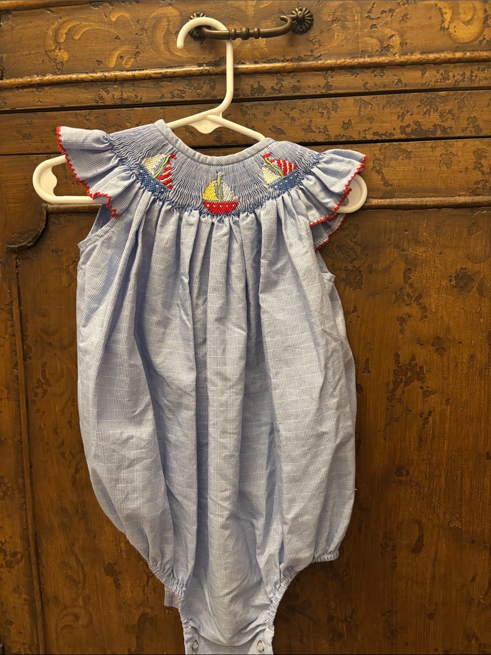 Light Blue Smocked Sailboat Baby Bubble Dress